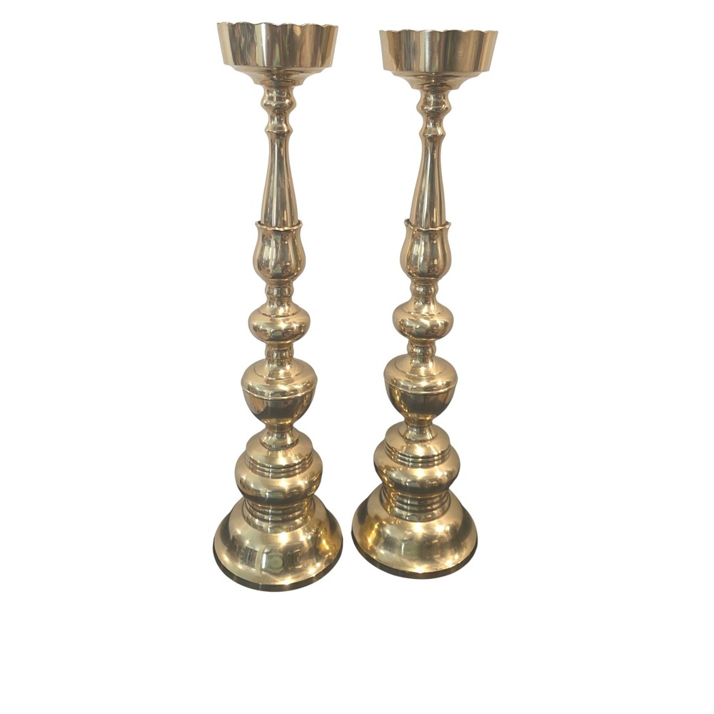 Vintage Set of‎ 2 Japan Brass Candlesticks Pair Scalloped Rim Hollywood  Reg 18"